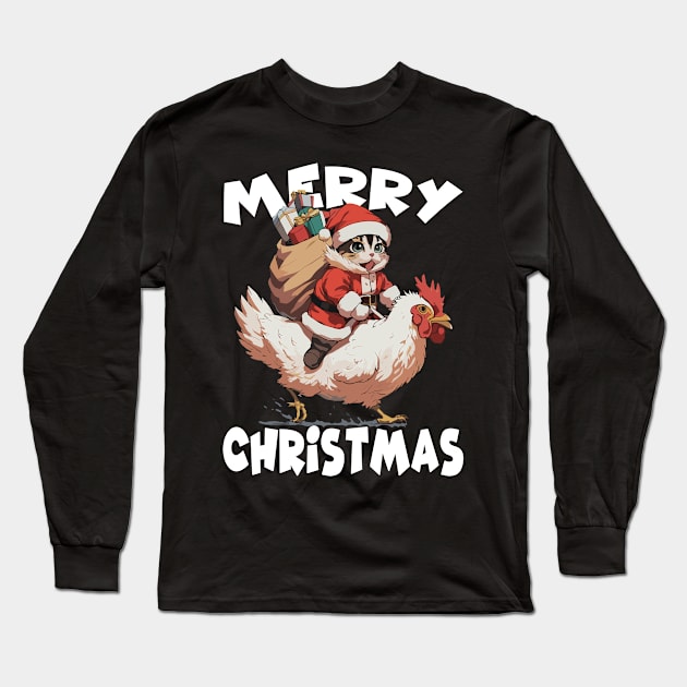 Merry Christmas, Funny Cute Cat on a Chicken Long Sleeve T-Shirt by Megadorim